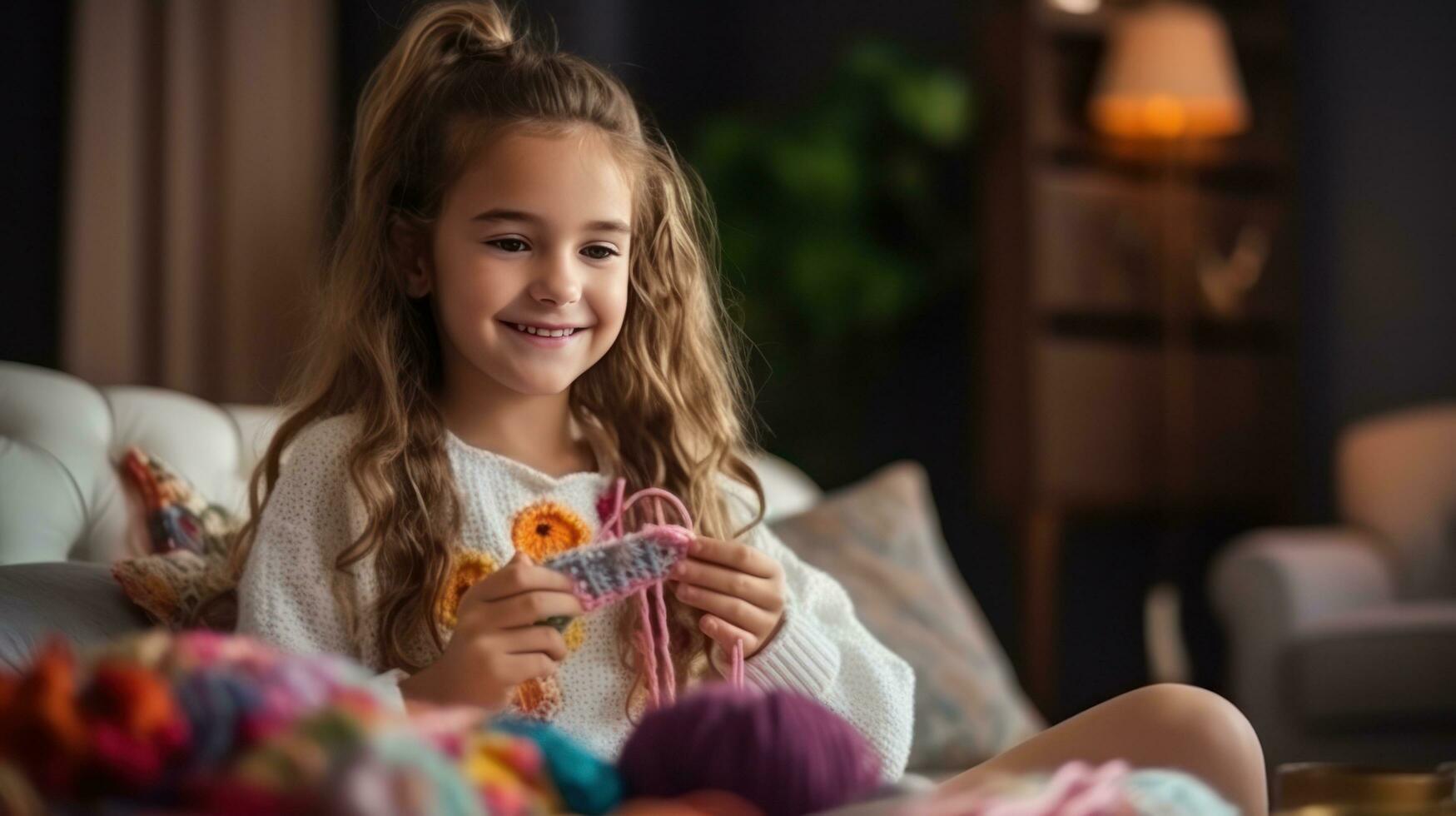 A beautiful girl of 10 years old is learning to knit. photo