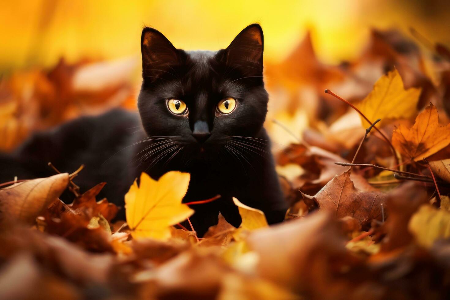 Black cat in autumn leaves photo