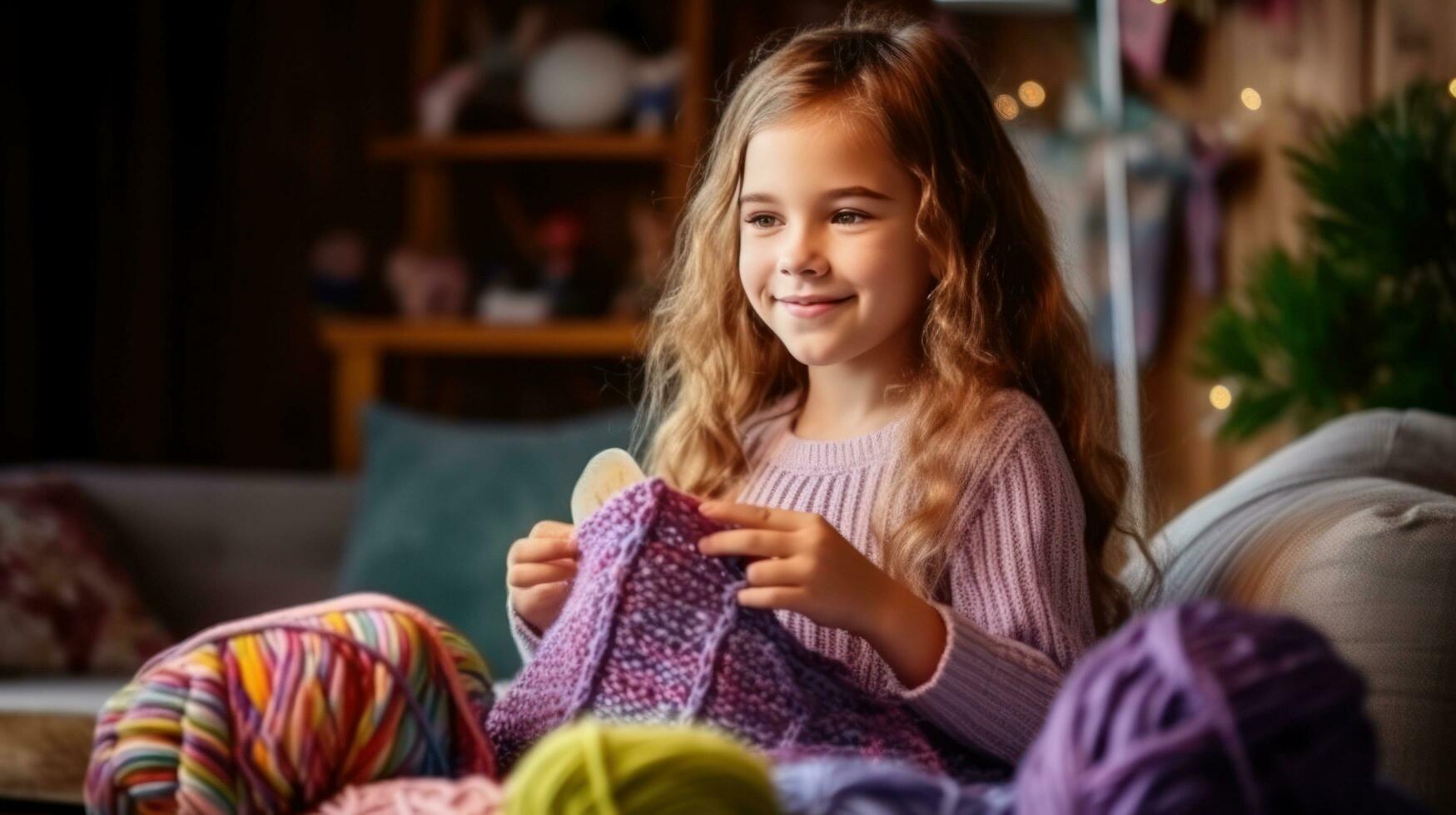 A beautiful girl of 10 years old is learning to knit. photo
