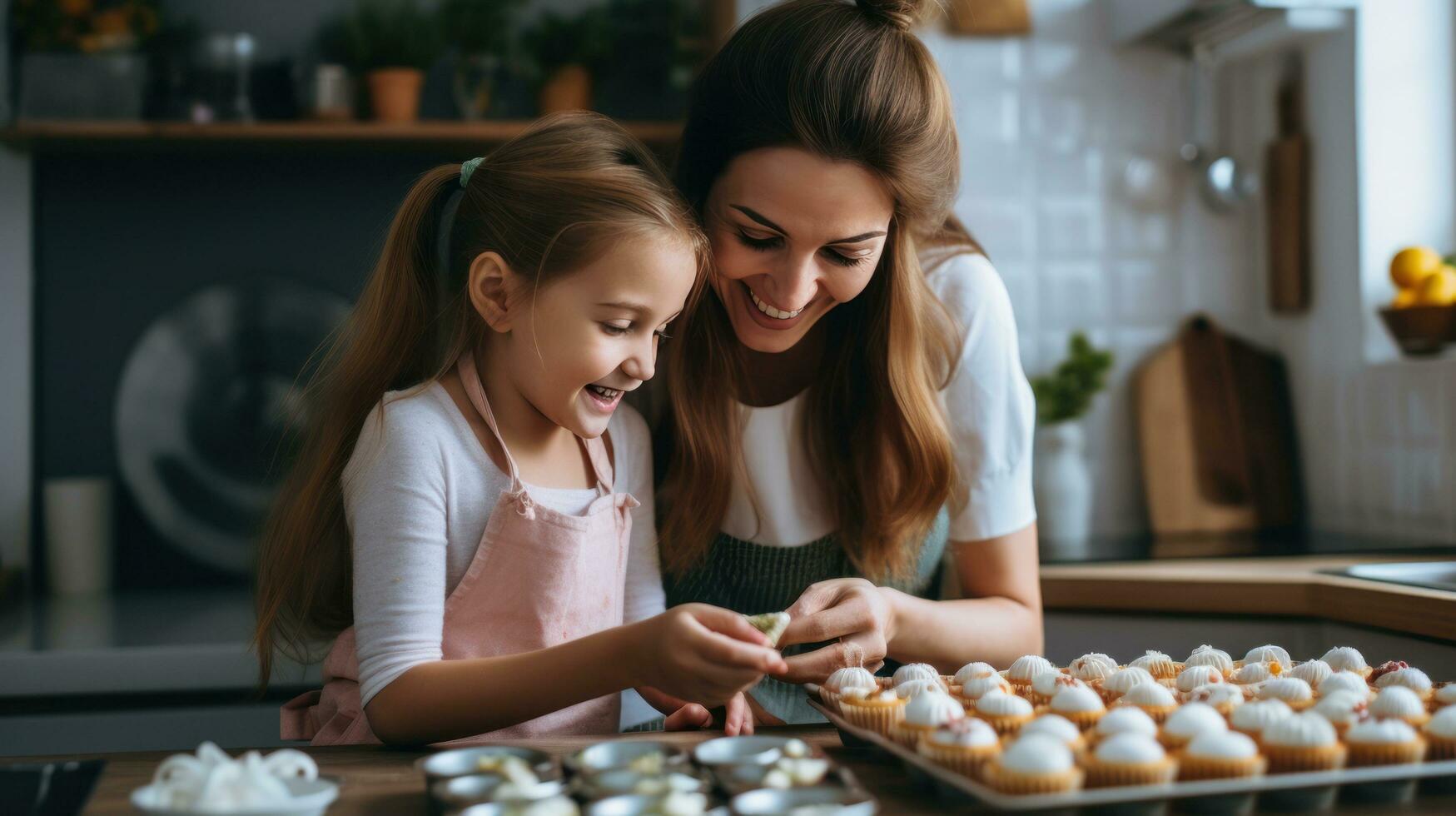 un hermosa niña de 10 años antiguo hornea magdalenas con su madre en un cocina. foto