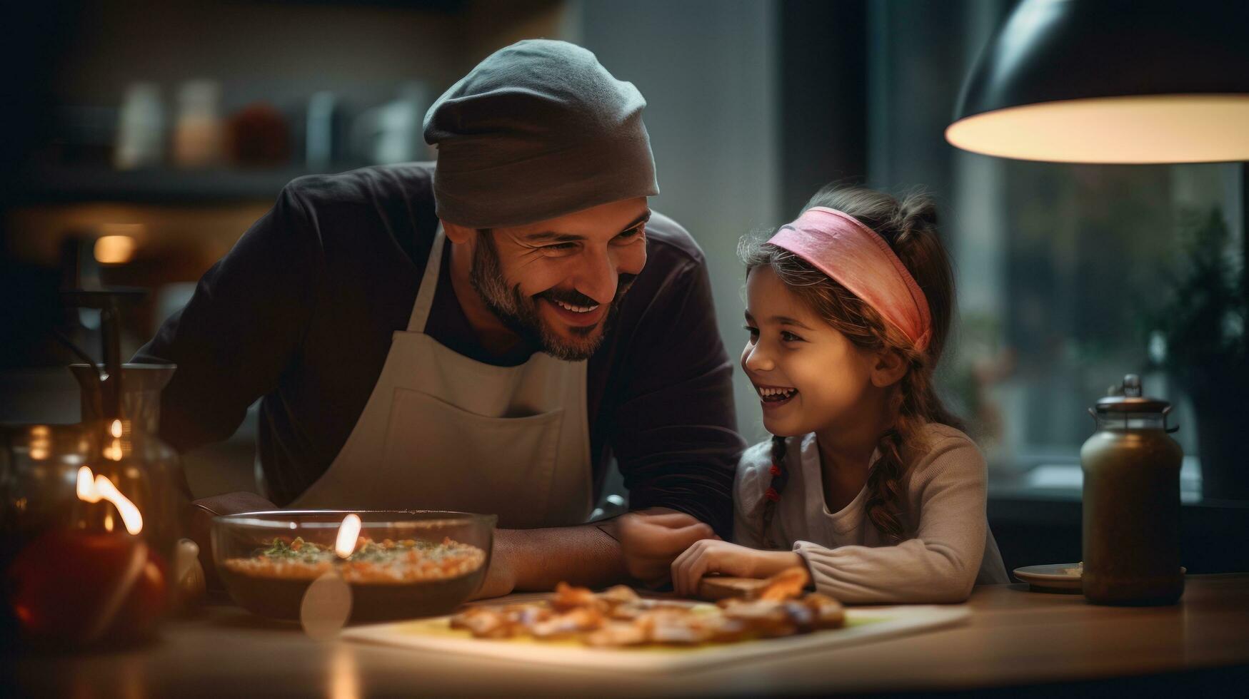 Dad with a girl of 10 years cooking breakfast together photo