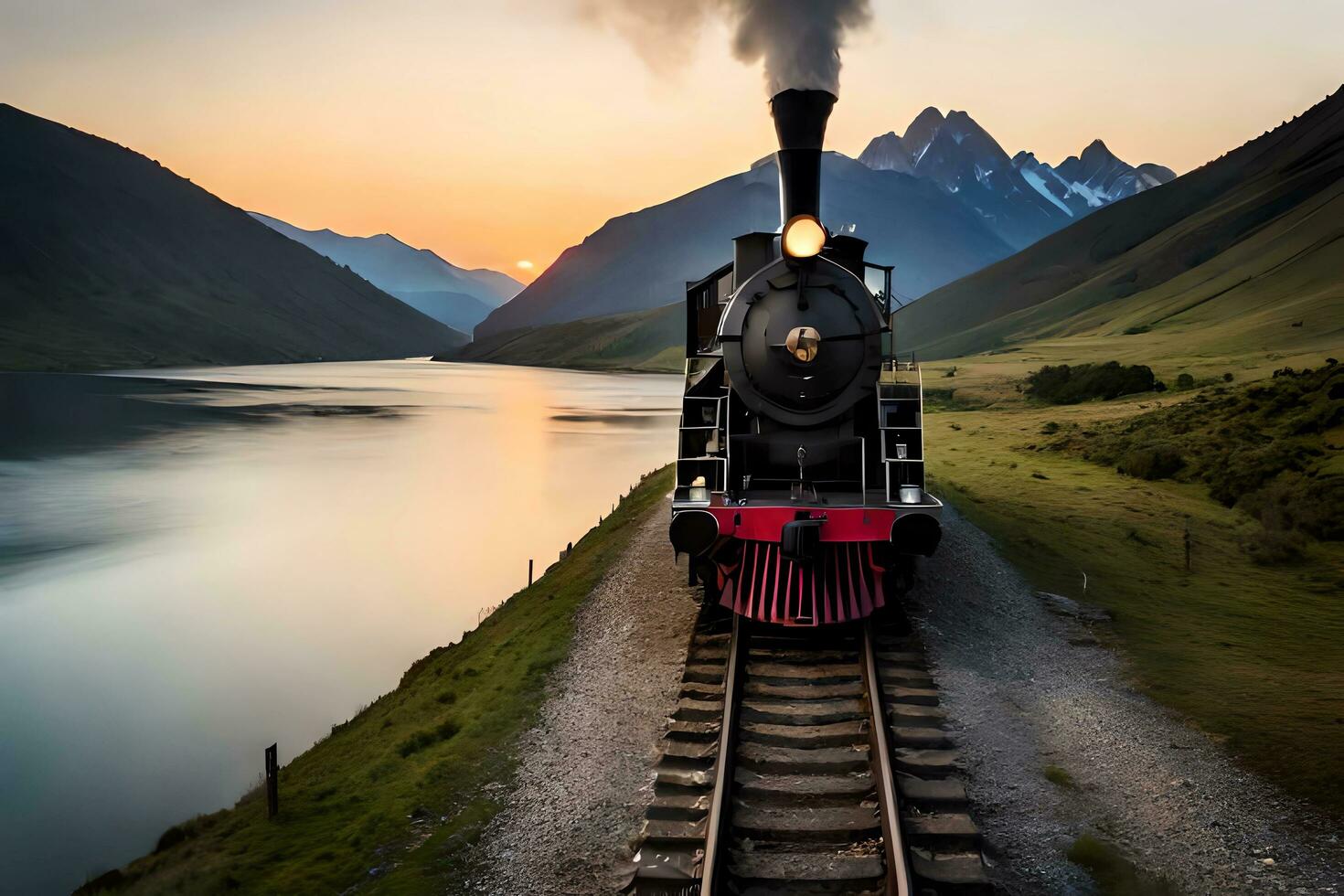 Ai generative, stem locomotive train with beautiful panorama photo