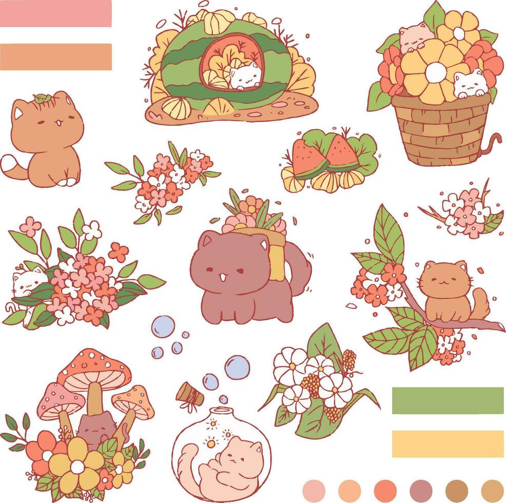 un conjunto de linda gato con planta Fruta y flor vector