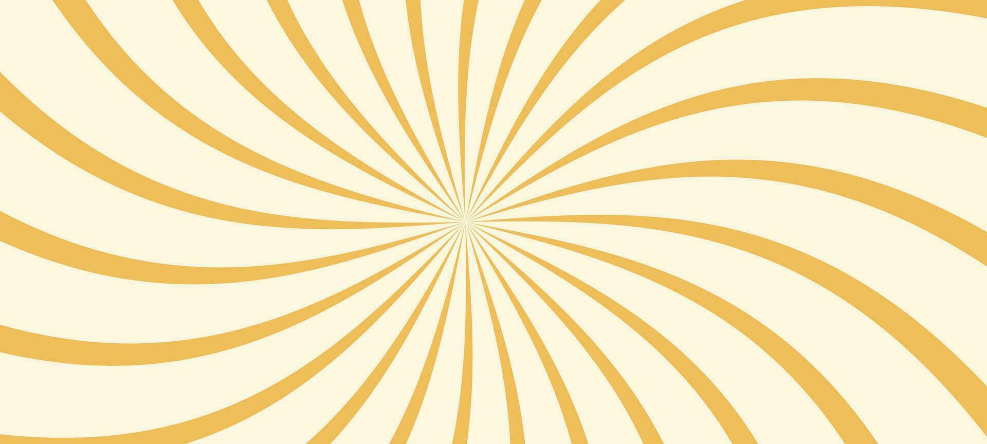 Yellow sunburst with vibrant sunshine, set retro swirl pattern. Wavy spiral and circle rays in orange tones. Flat vector illustration isolated
