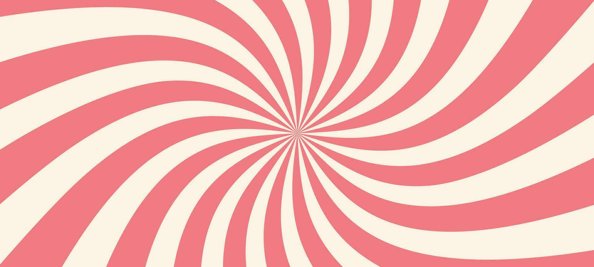 Pink ice cream and candy swirl background, lollipop vortex patterns intermixed with strawberry and circus elements. Retro spiral design. Flat vector illustration isolated