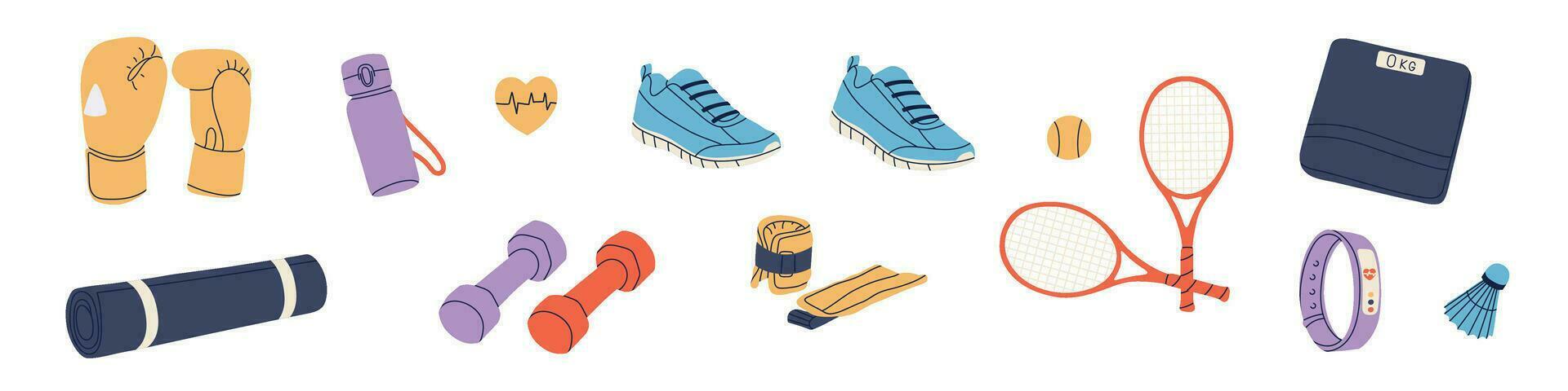 Doodle sports equipment set, capturing the essence of a healthy lifestyle. Icons yoga mat, gym bag, and workout essentials. Flat vector illustration isolated on white background.