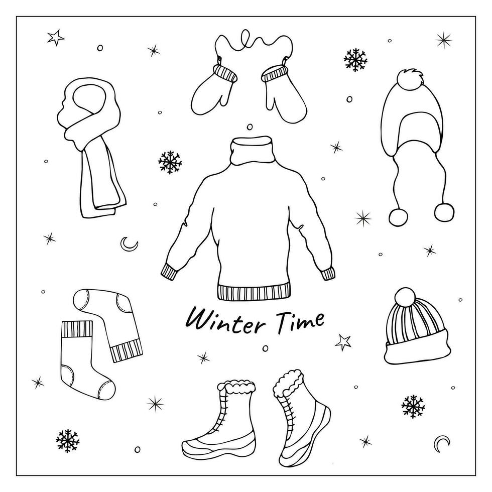 Winter clothes collection. Hand-drawn doodle set of warm outfit. vector