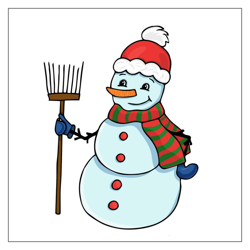 dibujado a mano vistoso monigote de nieve con un escoba. garabatear Navidad ilustración. nuevo años caracteres. monigote de nieve pegatina. vector