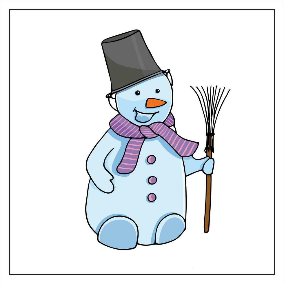 Hand-drawn snowman with a broom. Doodle Christmas illustration. New Year's characters. Snowman sticker. vector