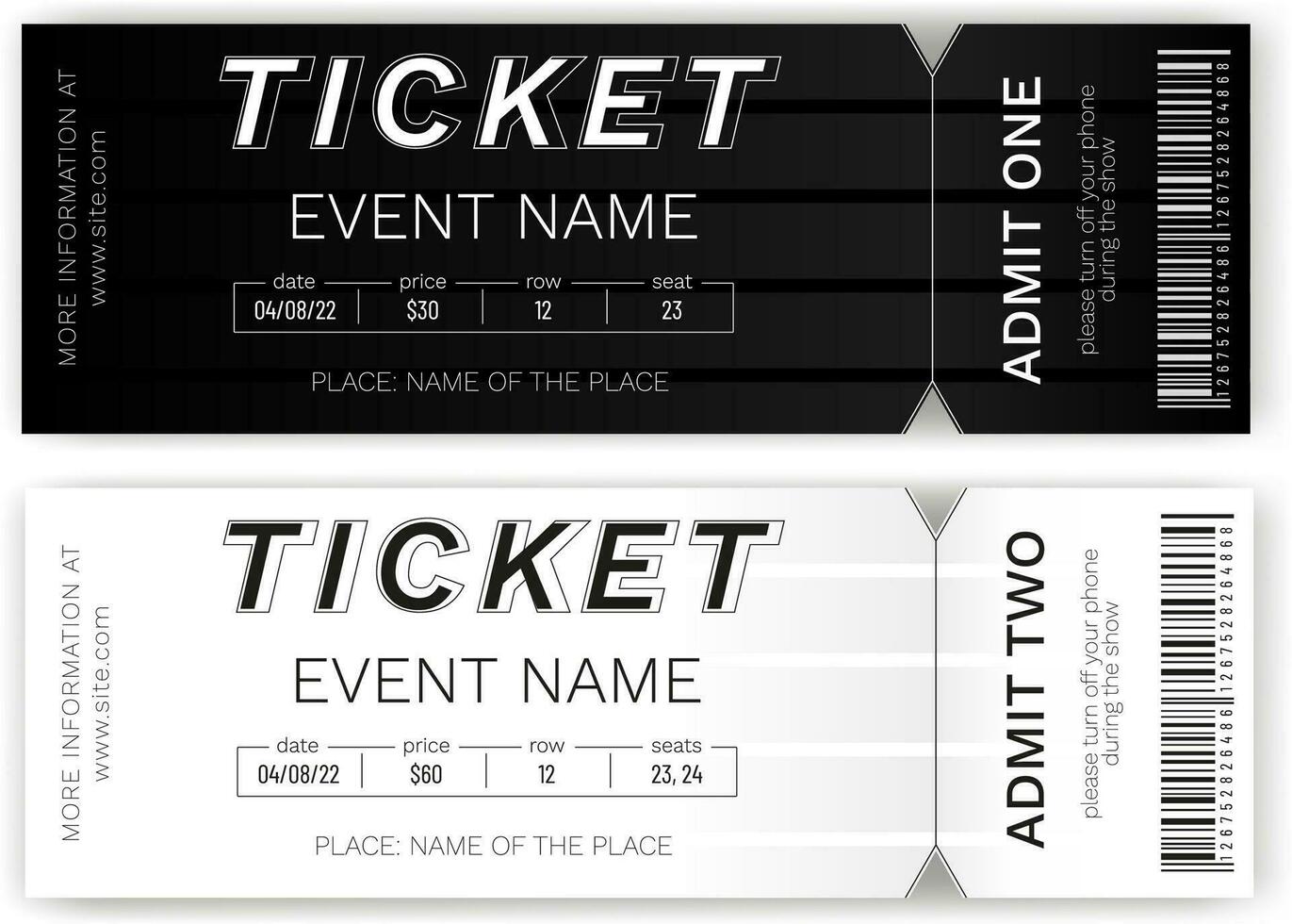 Classic black and white admission tickets. Tear off or stub entrance ticket with dots. Vector design template for concert event, music performance, show