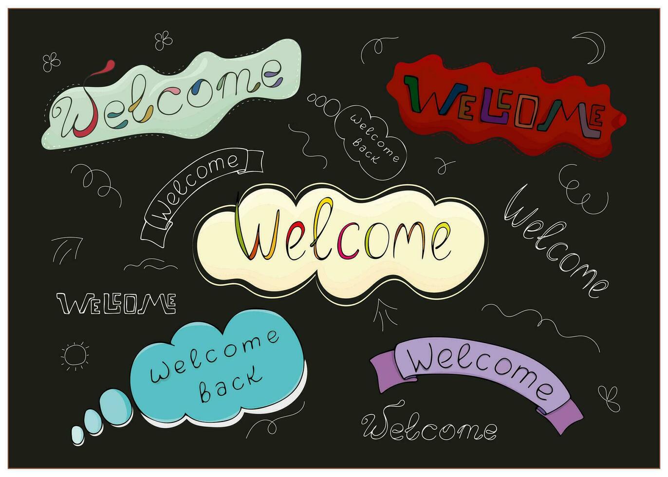 Hand drawn welcome signs in doodle style. Welcome in a bubble. Colorful and outlined welcome text for decoration, design. vector