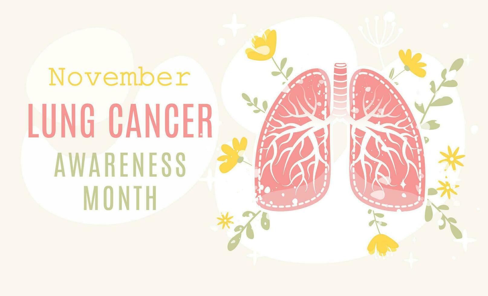 Lung cancer awareness month concept. Vector illustration in flat cartoon style. Perfect for website, banner, poster and so on. Human lungs with flowers and leaves