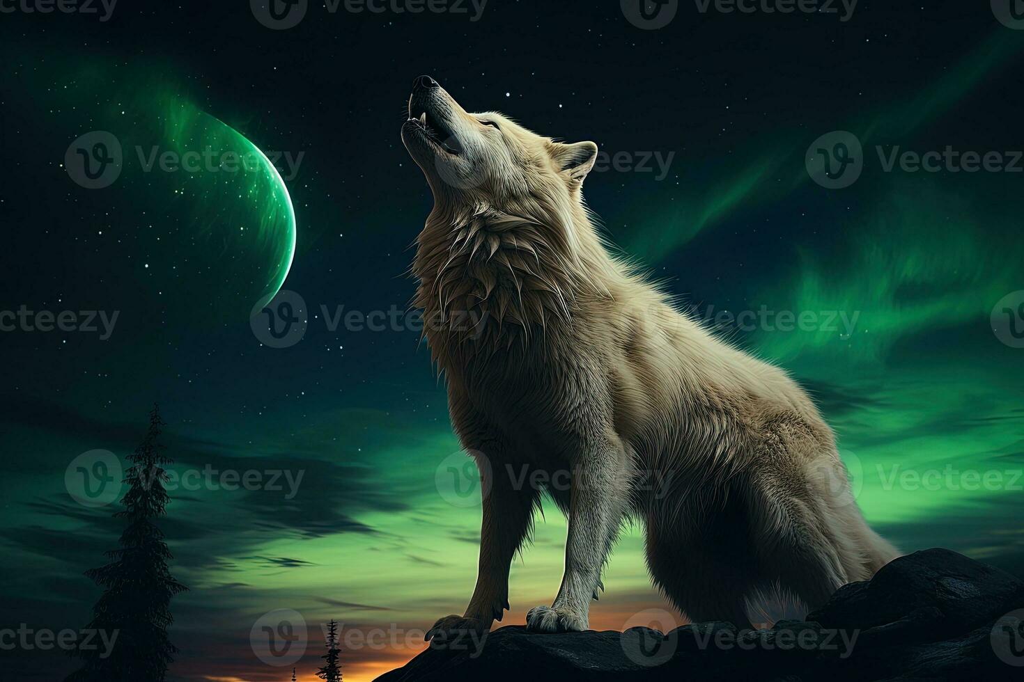 Illustration of a wolf howling at the aurora borealis AI generative photo