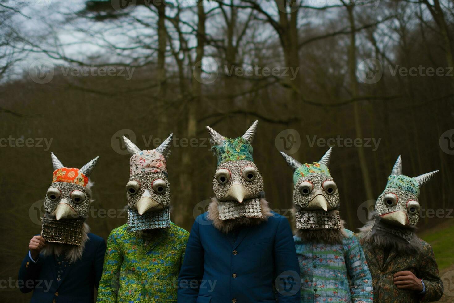 Group of people with masks in a row standing in a field. AI generative photo