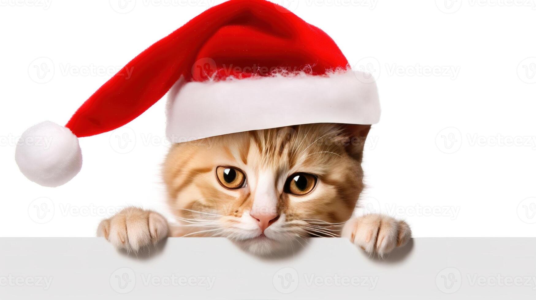 Funny kitten in red christmas hat peeking from behind blank banner. AI generative photo