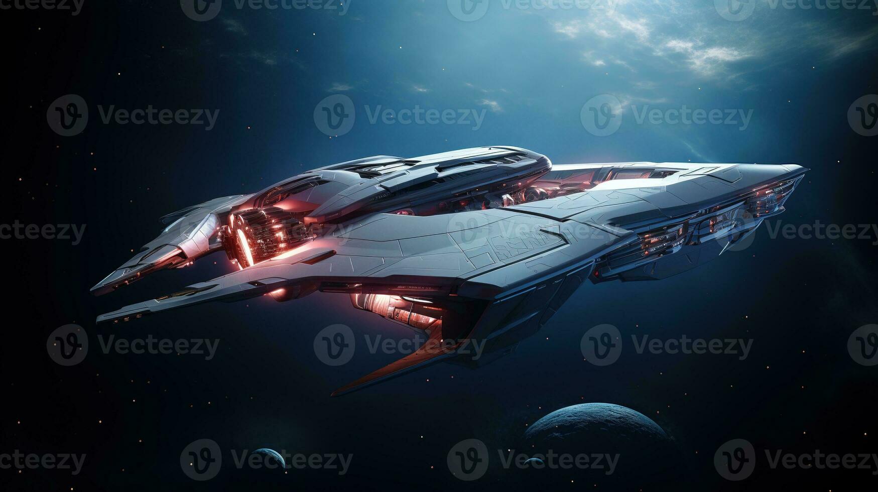 Futuristic spaceship flying in deep space. Futuristic spaceship. AI generative photo