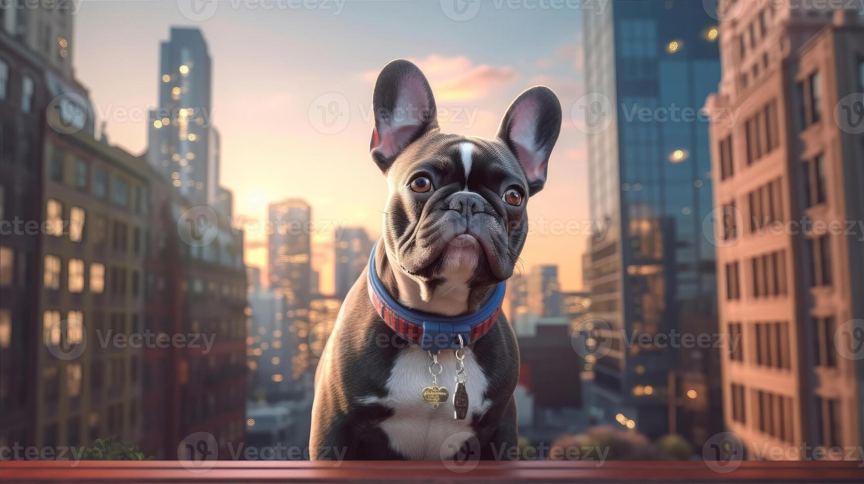 cute french bulldog on the background of the city copy space, the concept of love and care for animals, photo