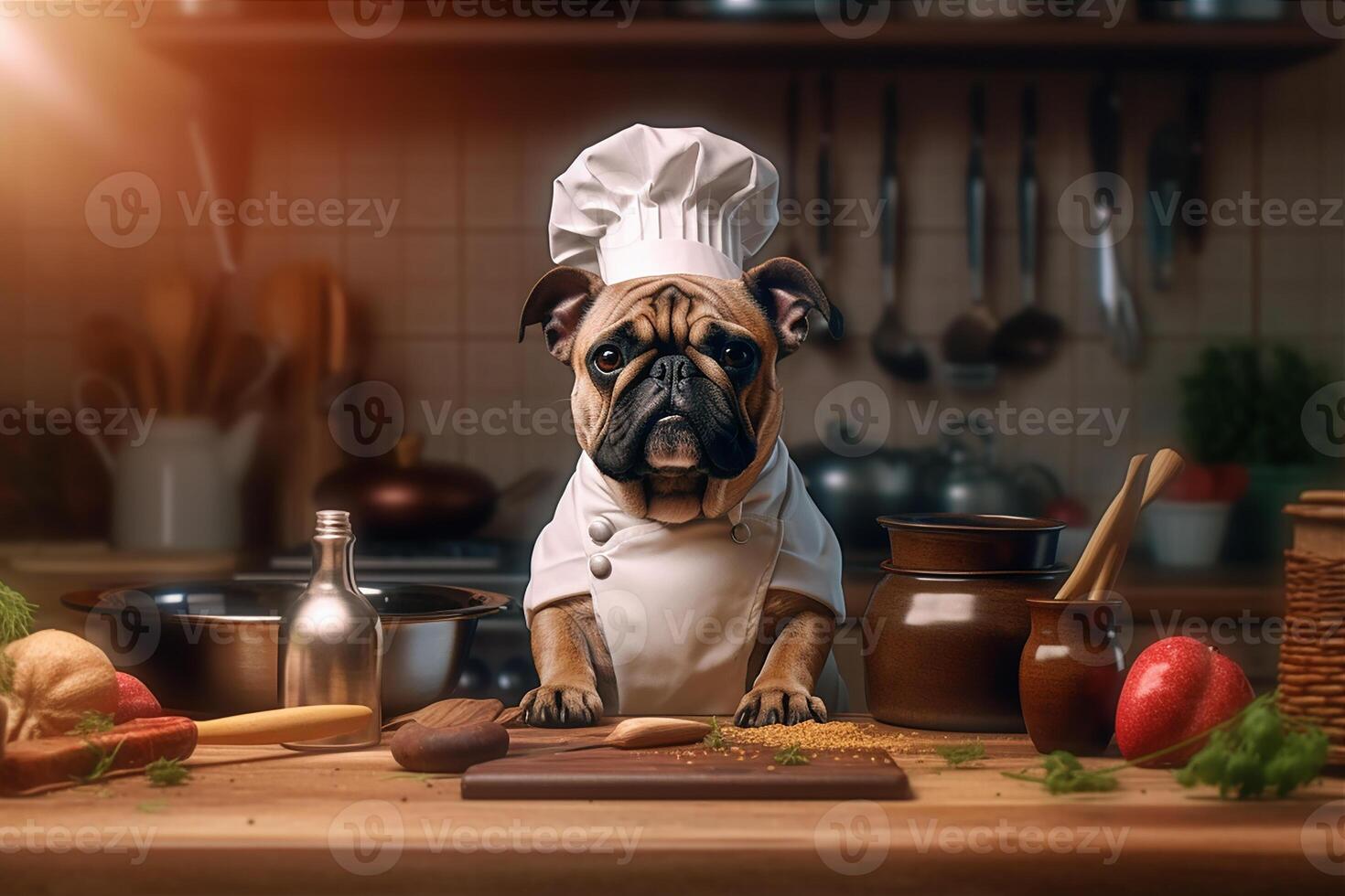 Funny image of a French Bulldog in a chef costume, showcasing culinary humor in the kitchen setting. Copy space Perfect for food-related projects and entertainment-themed designs, photo