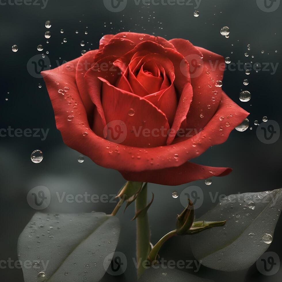 Create a digital art piece featuring a single red rose with dew drops on the petals photo