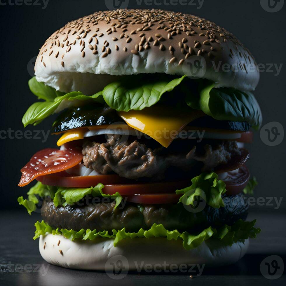 A mouth-watering burger, with a perfectly grilled patty, melted cheese, crispy bacon, fresh lettuce AI Generative photo