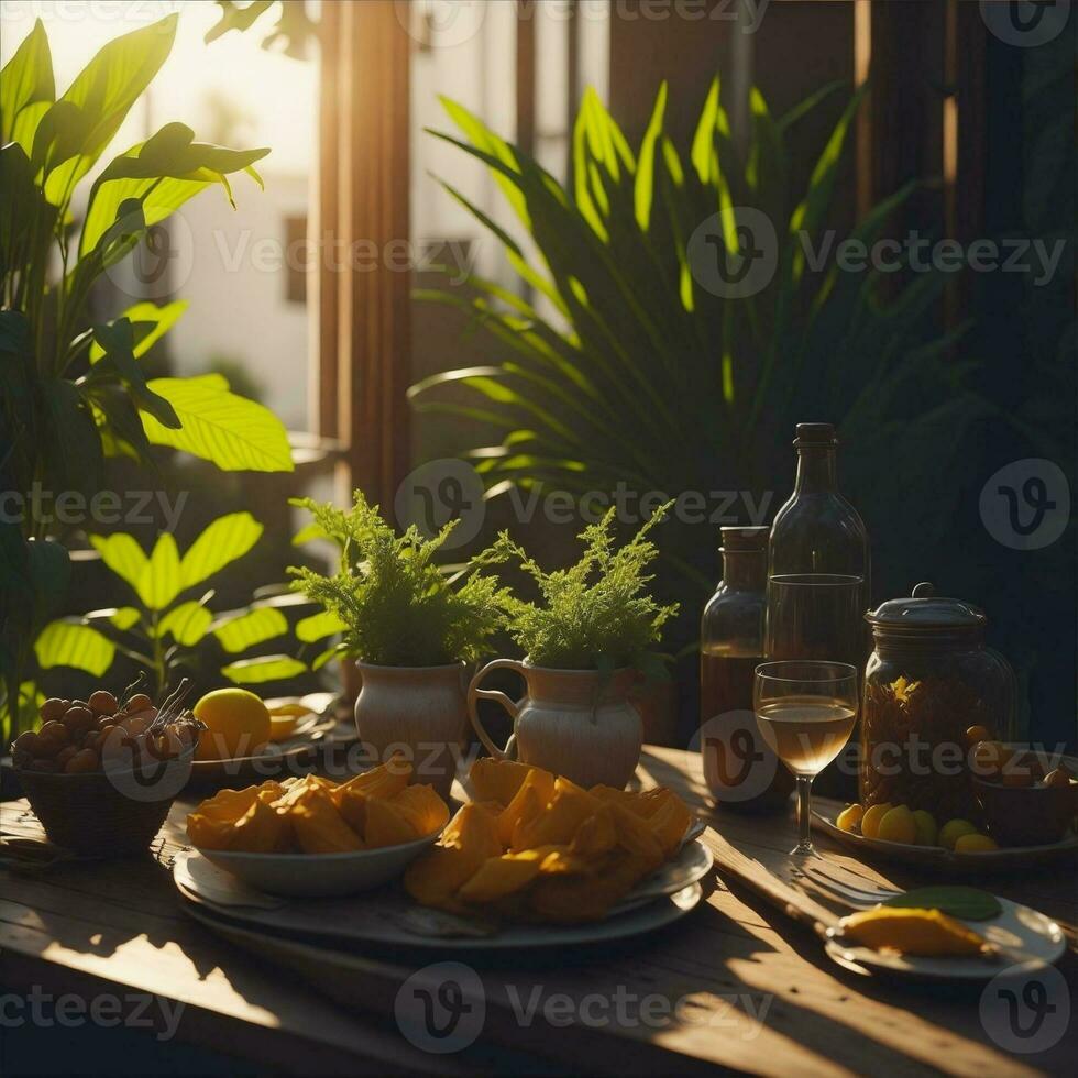 Highlight the sunlight and warm tones in the image to create a cheerful and inviting ambiance AI Generative photo