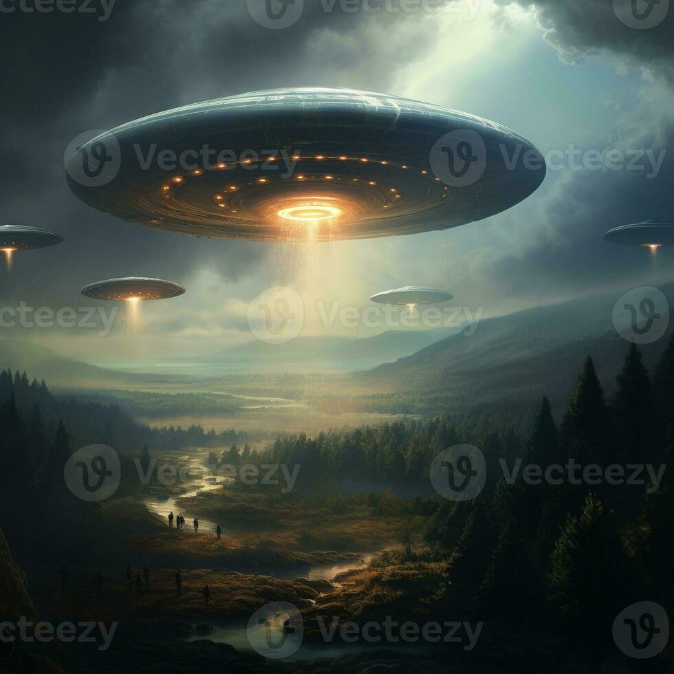 UFO in the sky over the mountain range. Space flying objects and people near the river. photo