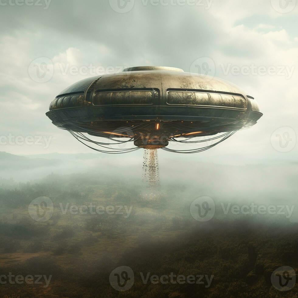 Unknown flying object. UFO in the clouds above the Earth. Retro style. photo