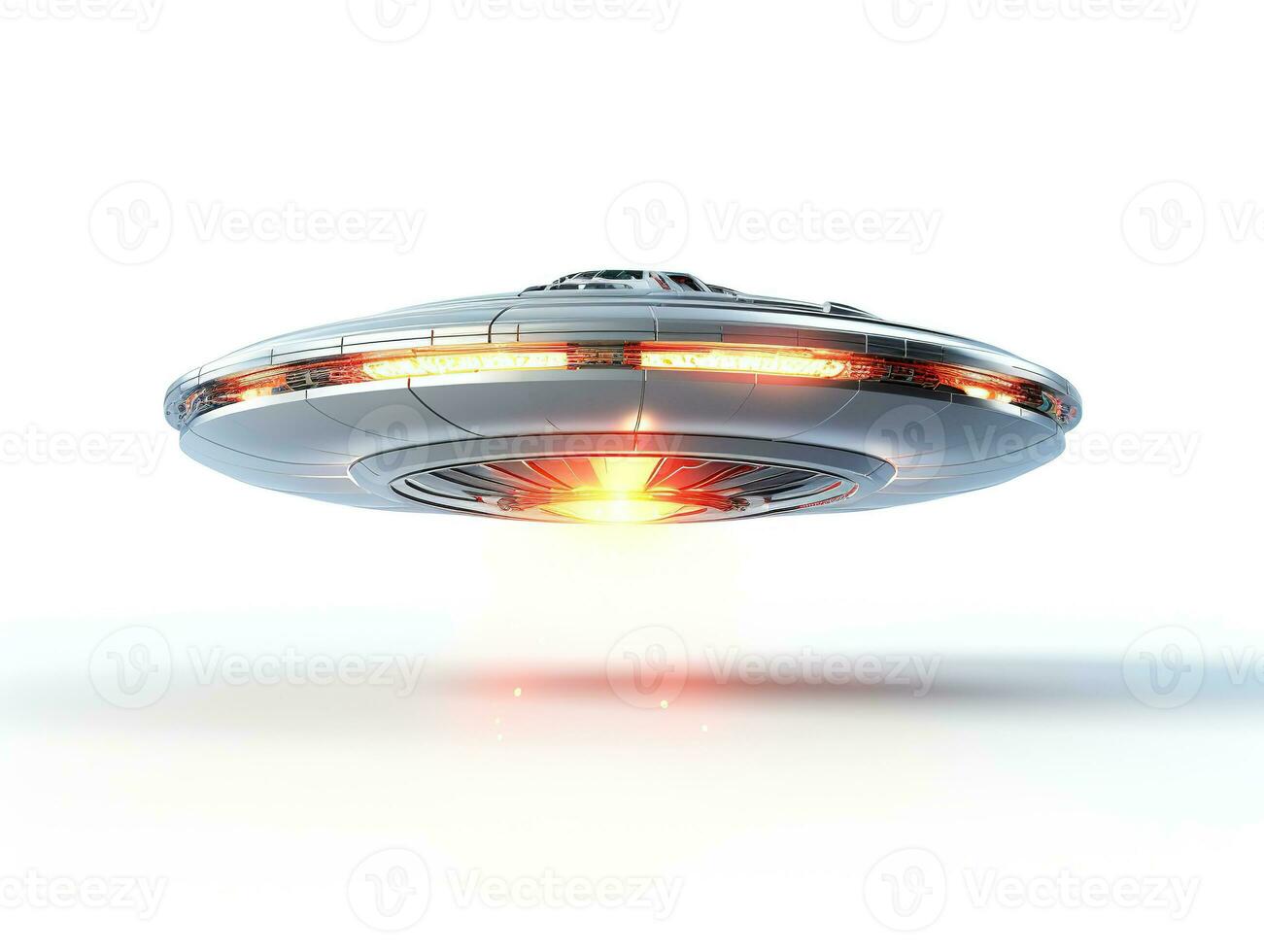 A UFO on a white background. Flying glowing spaceship. photo