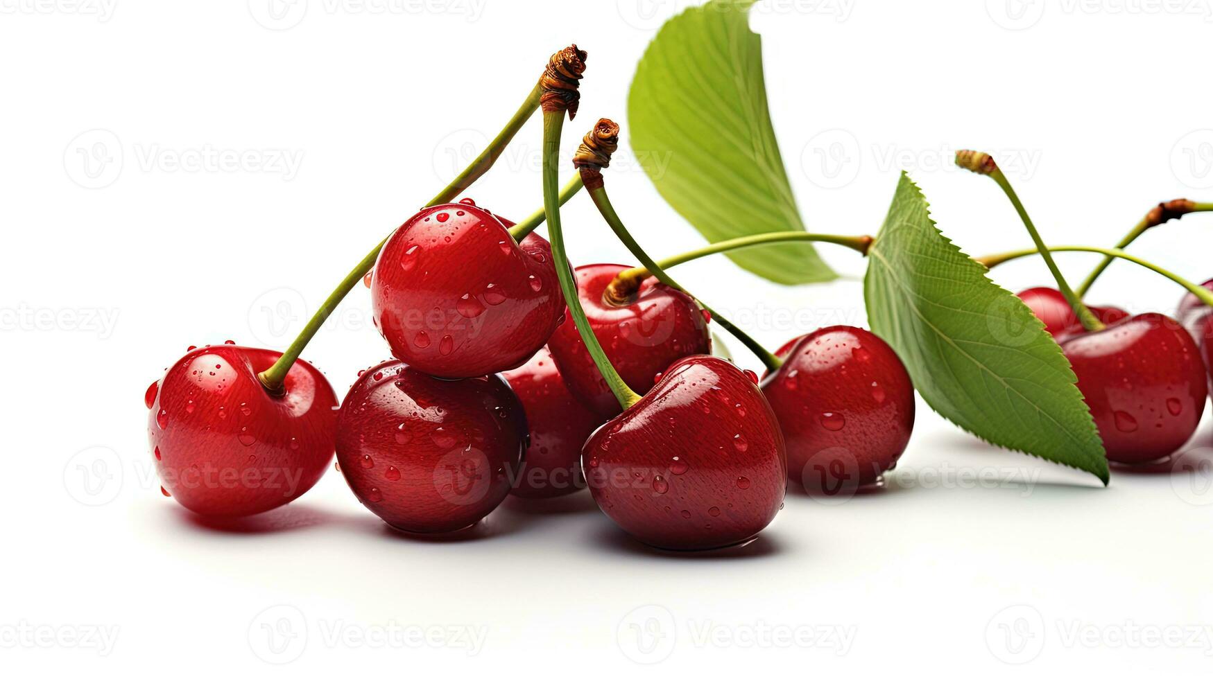 Cherry with leaves close-up on a white background. Juicy red cherries. AI generated photo