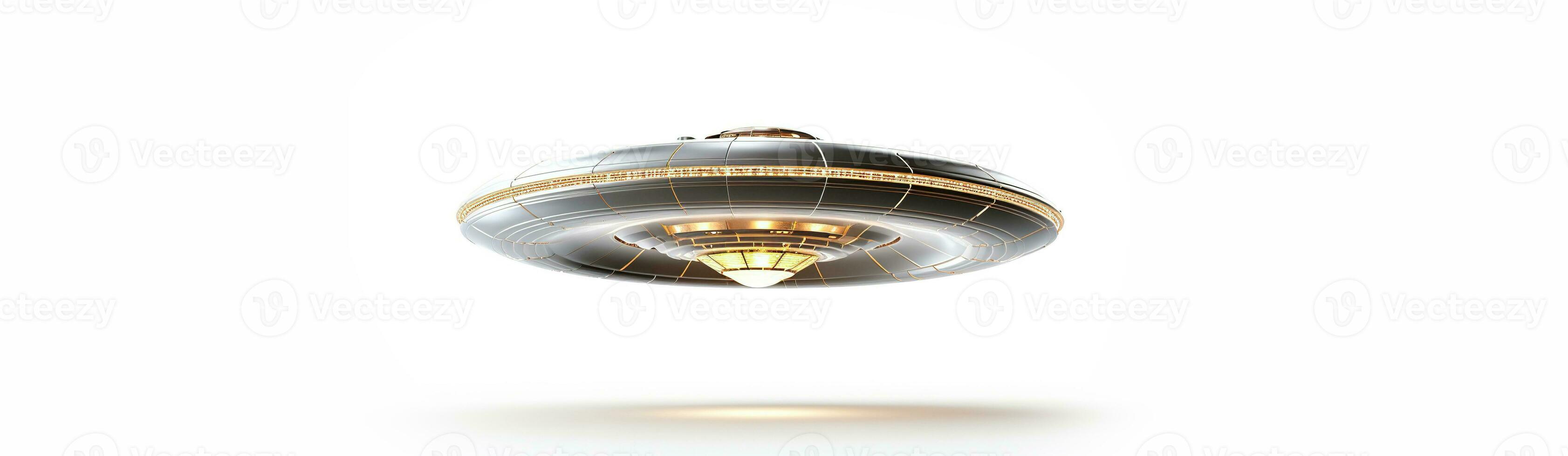 UFO on a white background. A spaceship with a golden glow. Stylish minimalist design. photo