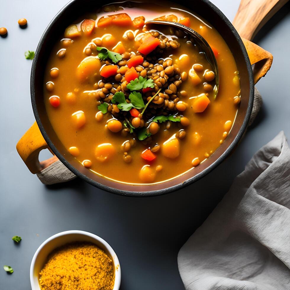 A piping hot bowl of lentil soup, filled with earthy spices and a squeeze of fresh lemon juice, perfect for a comforting meal AI Generative photo