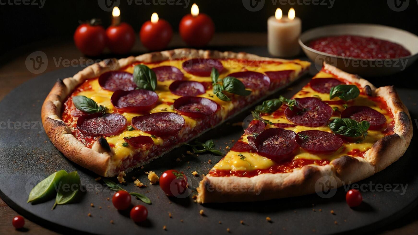 Mouthwatering pizza slices, melty cheese, savory toppings, golden-brown crust, appetizing presentation AI Generative photo