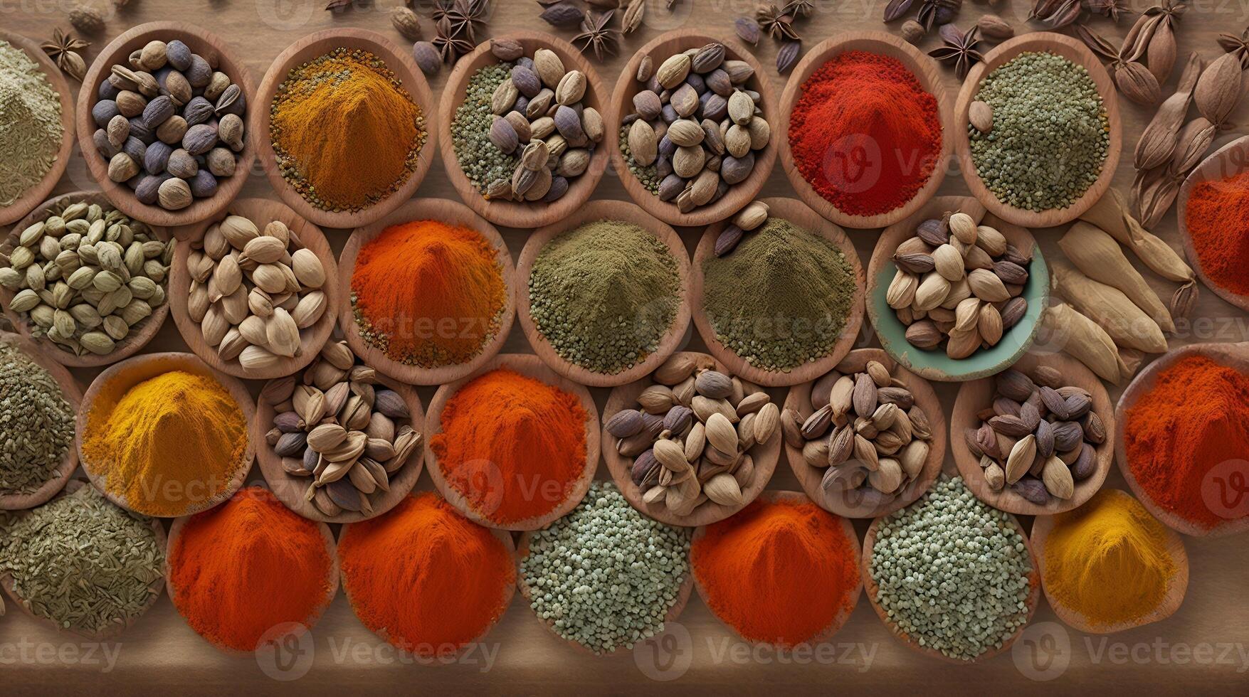 Step into a spice haven with a mesmerizing photograph featuring assortment of different seasonings in cups photo