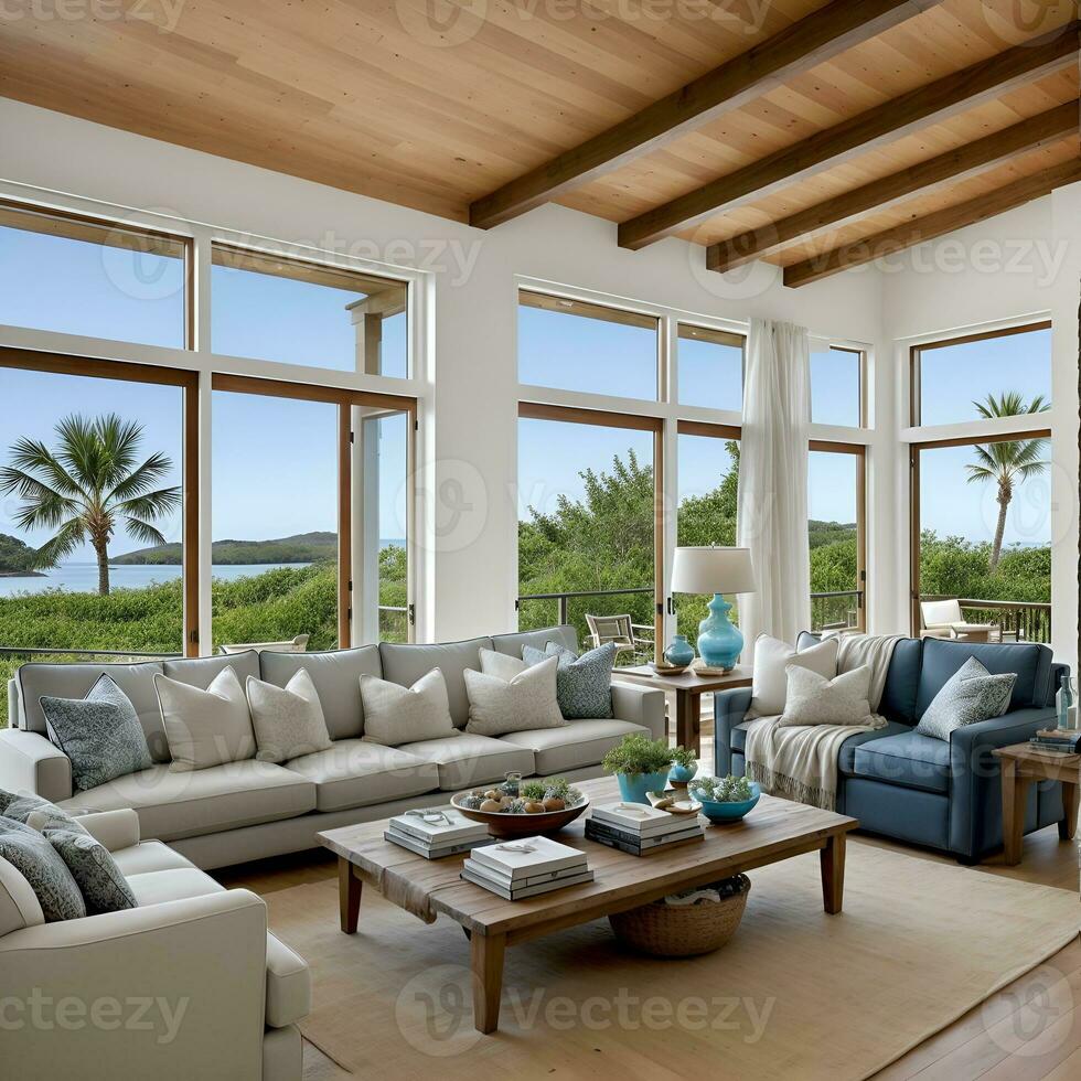 A living room filled with furniture next to the ocean AI Generative photo