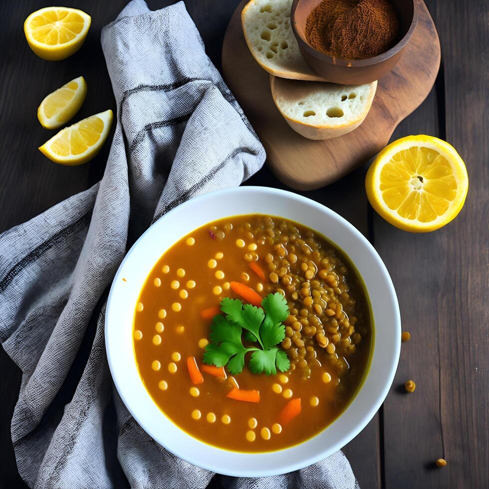 A piping hot bowl of lentil soup, filled with earthy spices and a squeeze of fresh lemon juice, perfect for a comforting meal photo