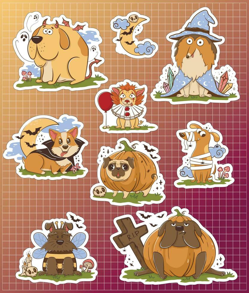 Bundle of stickers with Funny cartoon purebred dogs in Halloween costumes. Scary funny character for halloween. Vector illustration of pets.