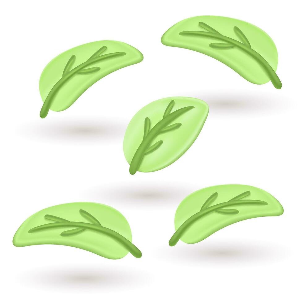 Green leaf 3d icons set. Plasticine art. Ecology, bio, vegan, organic and natural products concept. vector