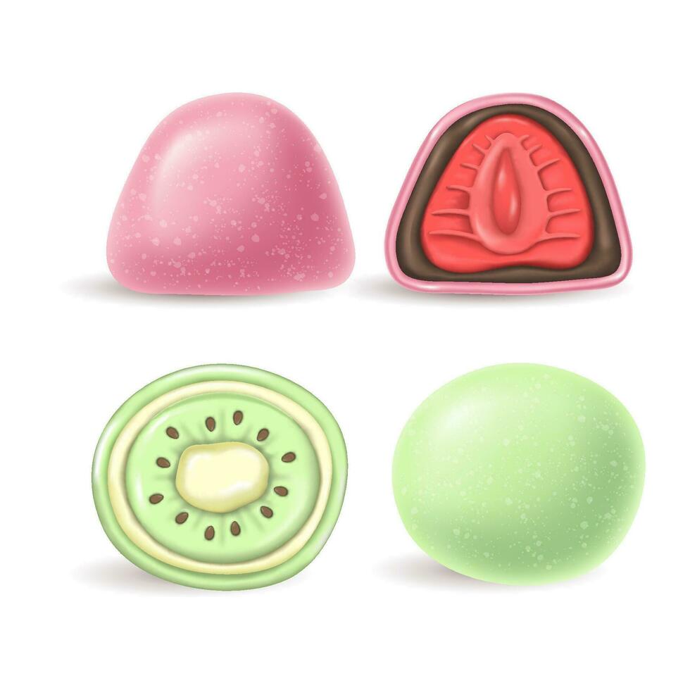3d realistic Japanese dessert green and pink Daifuku Mochi with kiwi and strawberries. a whole and half a cake in rice dough. Asian national . vector