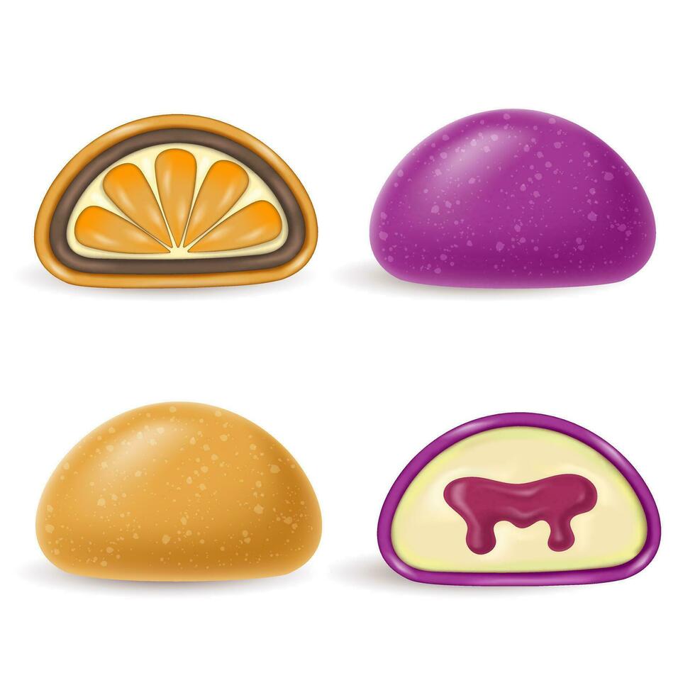 3d realistic Japanese dessert purple Daifuku Mochi with orange and passion fruit jam. a whole and half a cake in rice dough. Asian national cuisine. vector