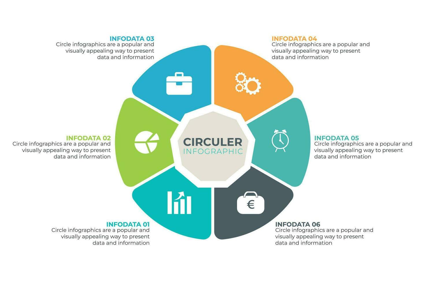 Collection of vector circle chart infographic templates for presentations, advertising, layouts, annual reports. 6 options, steps, parts