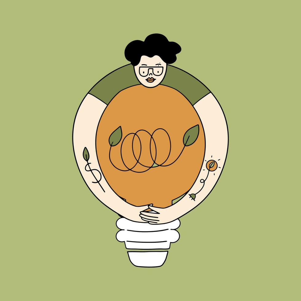 ESG concept. Woman hugging an eco light bulb. Vector illustration in flat style