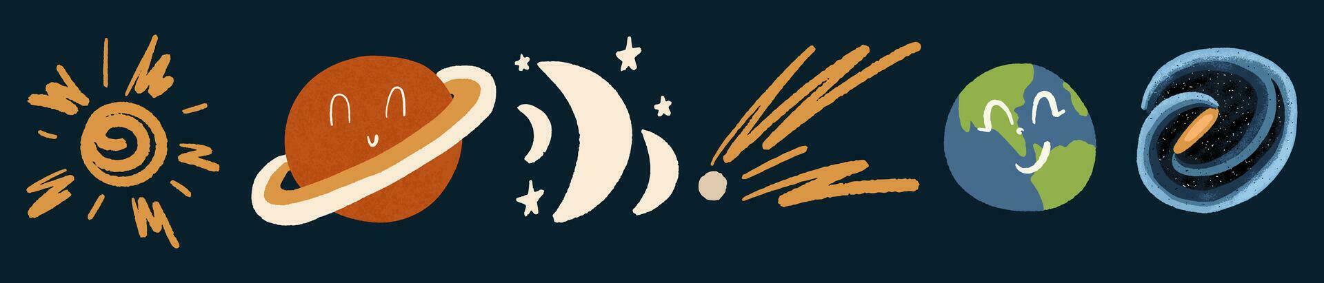 Space set in hand drawn style. Earth, sun, saturn, moon, comet, galaxy. Vector illustration