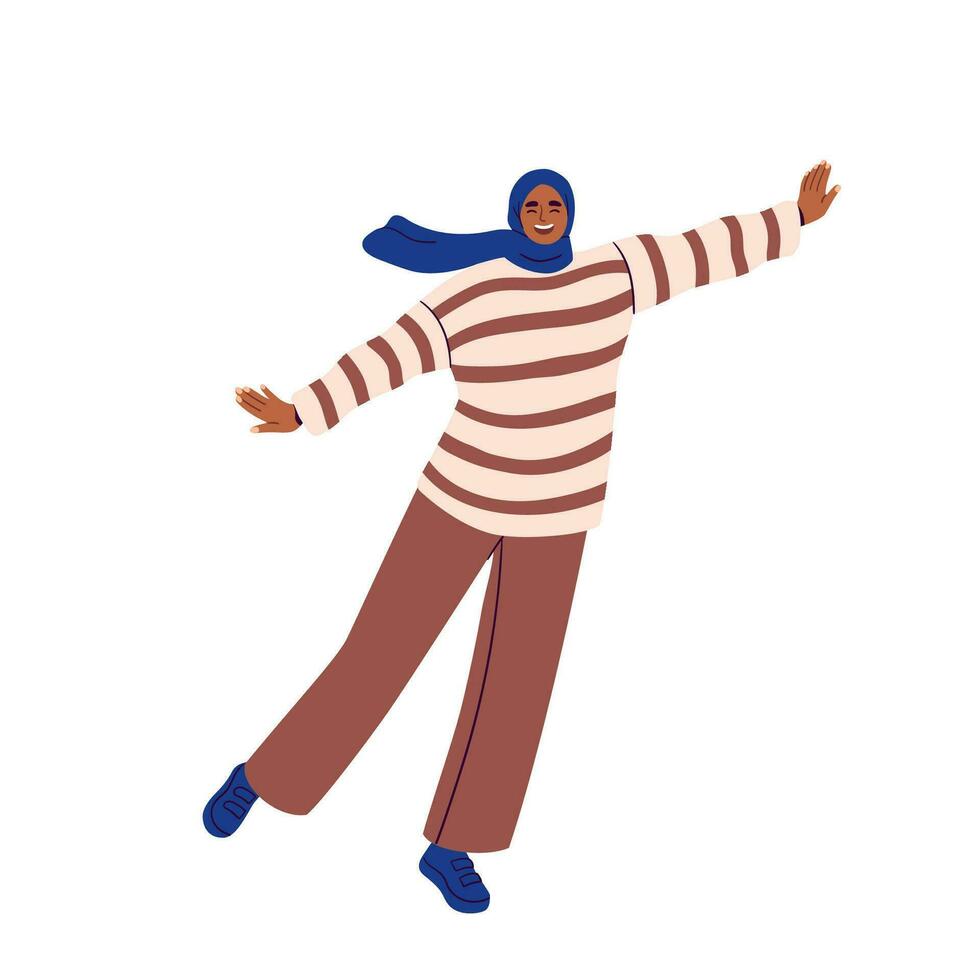 Happy muslim woman jumping from joy. Flat vector illustration.