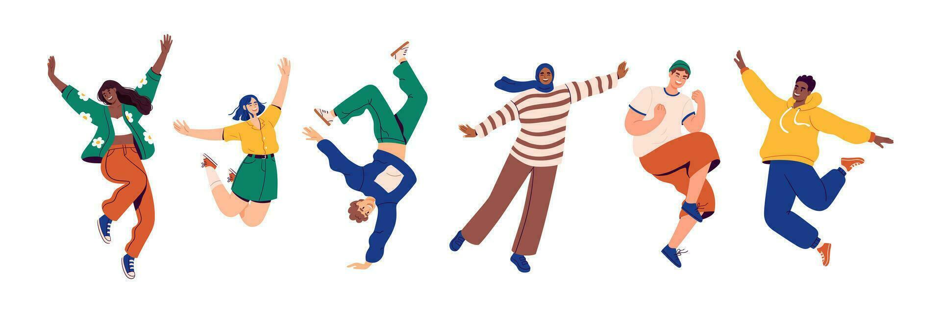 contento personas saltando desde alegría en moderno ropa. joven personas celebrar éxito, logro. plano vector ilustración.