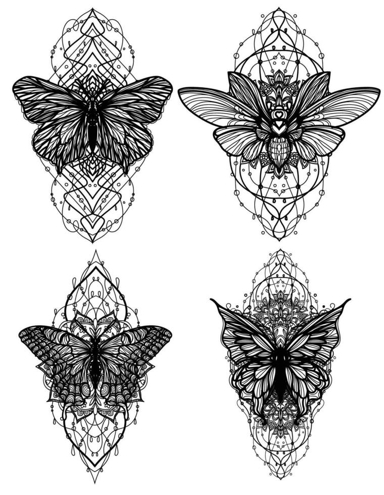 conjunto de arte del tatuaje boceto de mariposa en blanco y negro vector