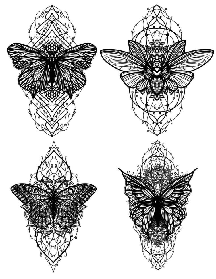 Tattoo art set butterfly sketch black and white vector