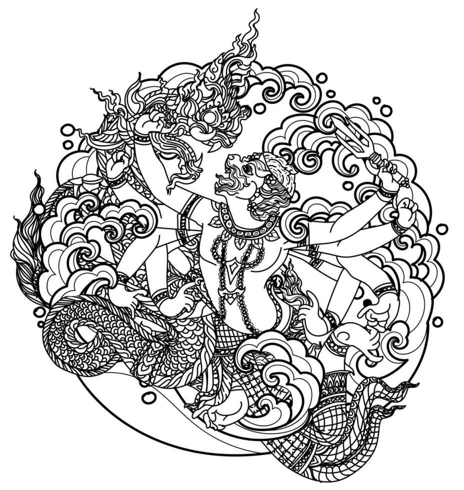 Tattoo art monkey and snake thai literature hand drawing and sketch vector