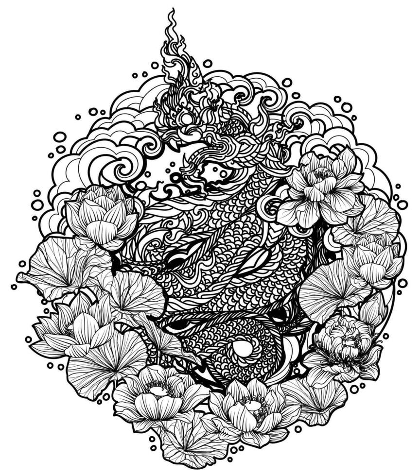 Tattoo art thai dragon hand drawing and sketch black and white vector