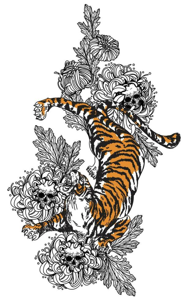 Tattoo art tiger and flowers hand drawing and sketch vector