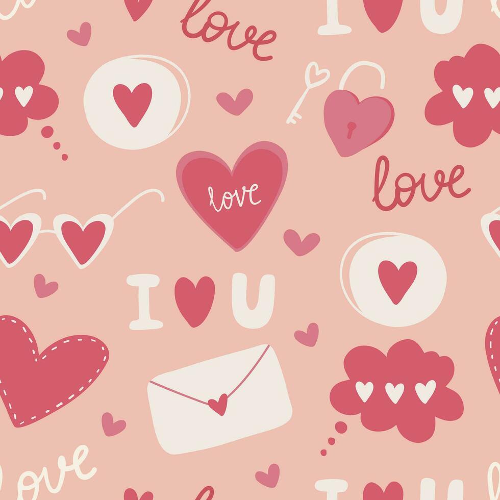 Valentines day background with symbols of love, romance and passion. Vector illustration for wrapping paper, wallpaper.